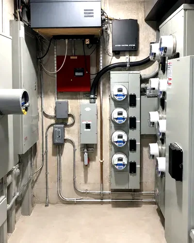 Meter bank and disconnects in a shared service room - KRW Electric, South Florida