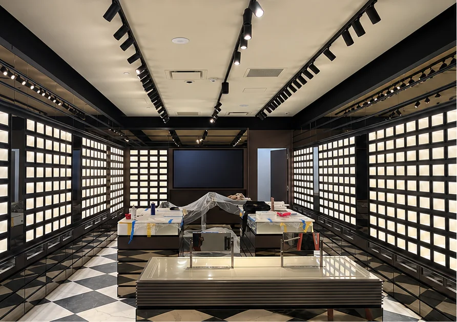Finished retail store with ceiling track lighting, backlit display walls and center display tables